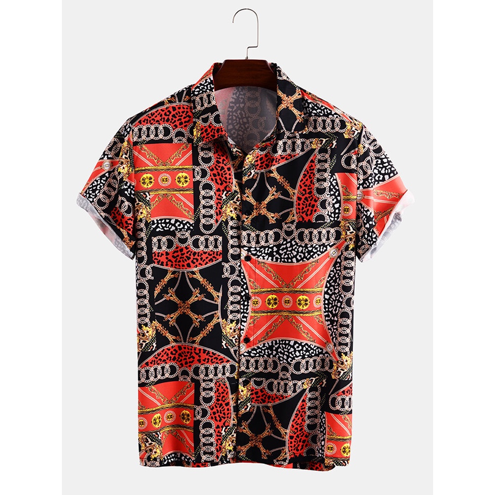 Mens Print Turn Down Collar Short Sleeve Shirts - Red M