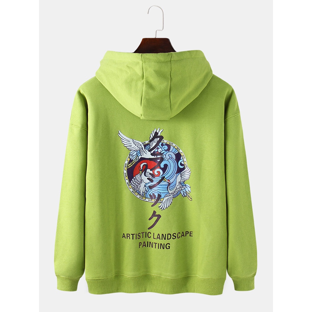 Mens Chinese Style Crane Pattern Slogan Print Drop Shoulder Long Sleeve Hoodies - Green XL