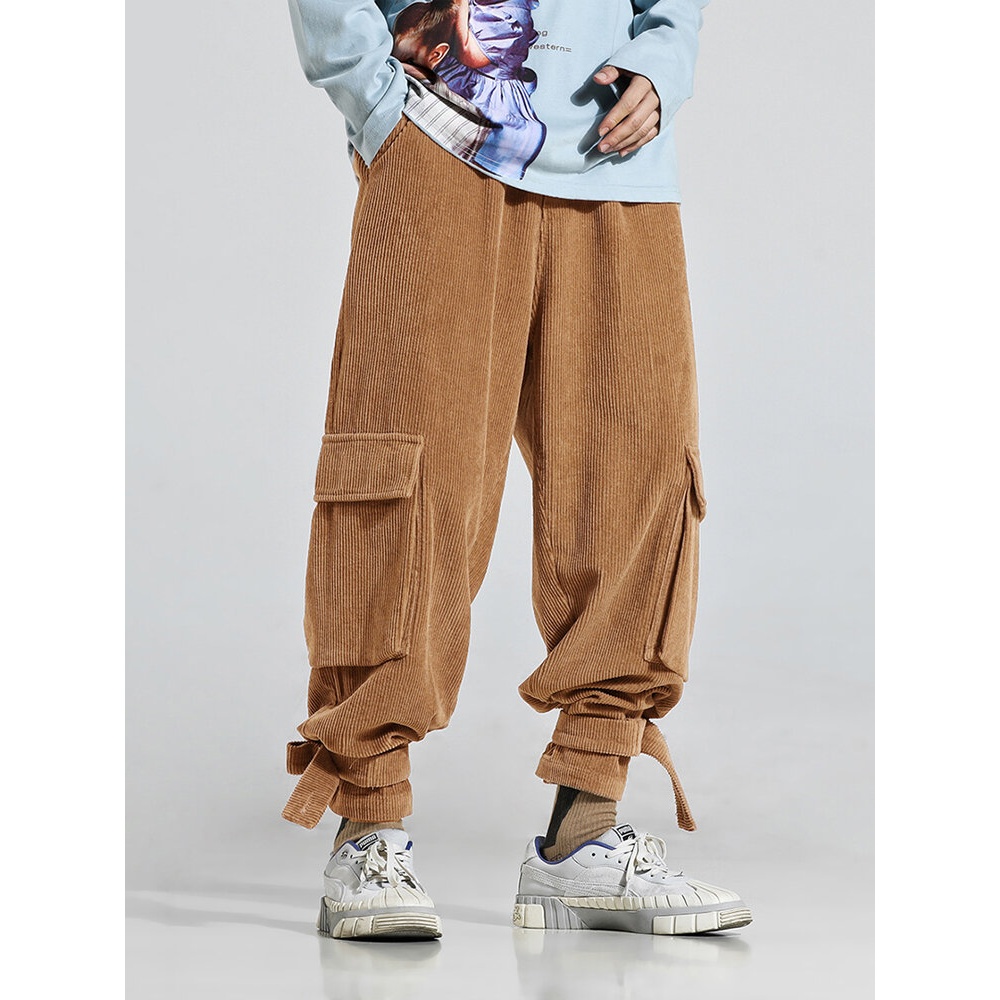 Mens Vintage Corduroy Elastic Waist Big Pockets Casual Pants - 3XL Lake Blue
