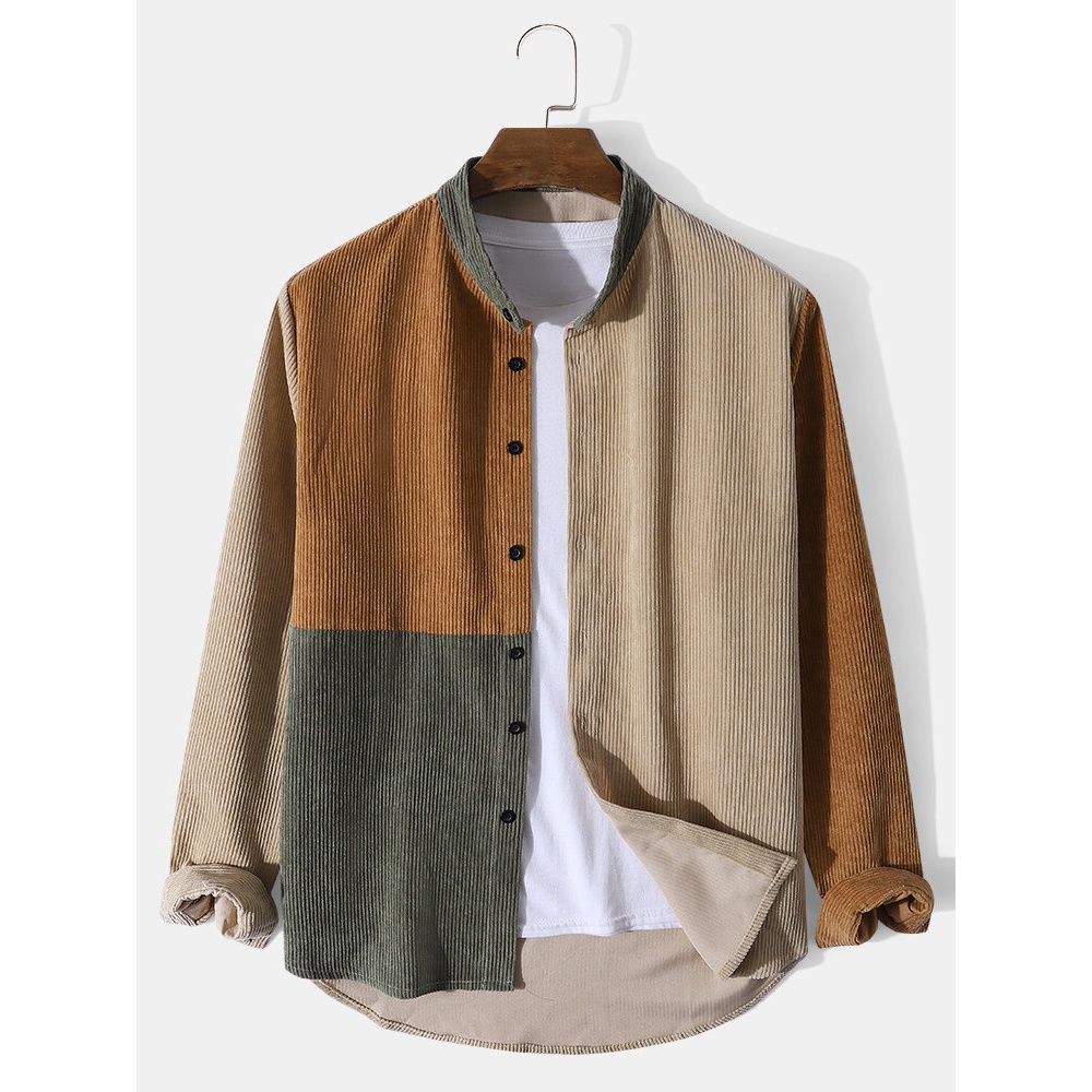 Men Corduroy Color Block Stand Collar Button up Casual Shirts - Brown S