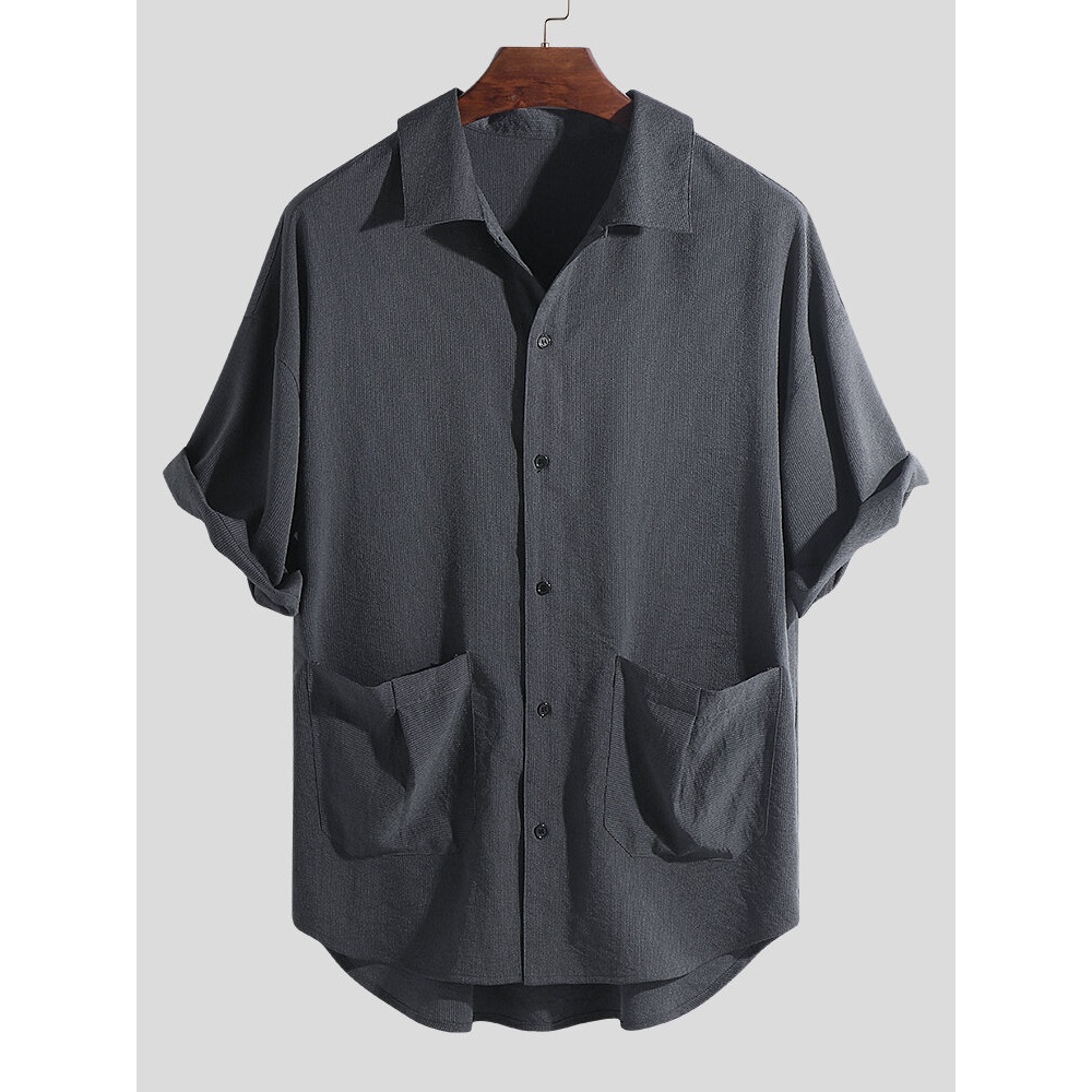Men Dual Pockets Turn Down Collar Half Sleeve Shirts - XL Brown