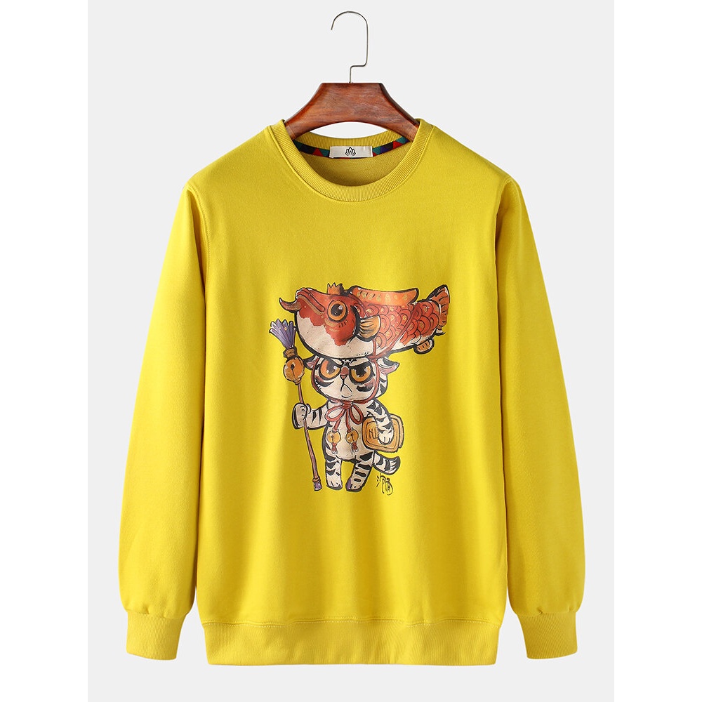 Mens Cartoon Animal Print Round Neck Pullover Long Sleeve Cute Sweatshirts - Grey S