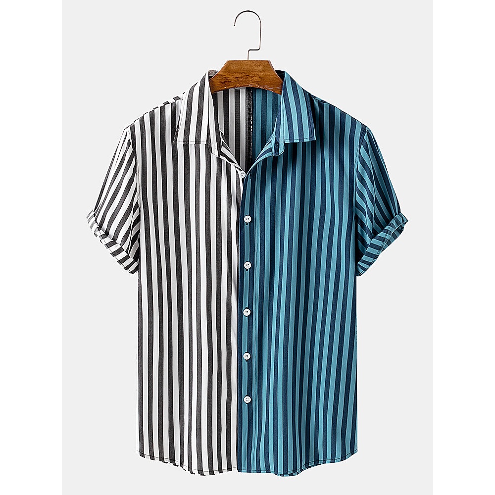 Mens Patchwork Striped Turn Down Collar Short Sleeve Shirts - Blue S