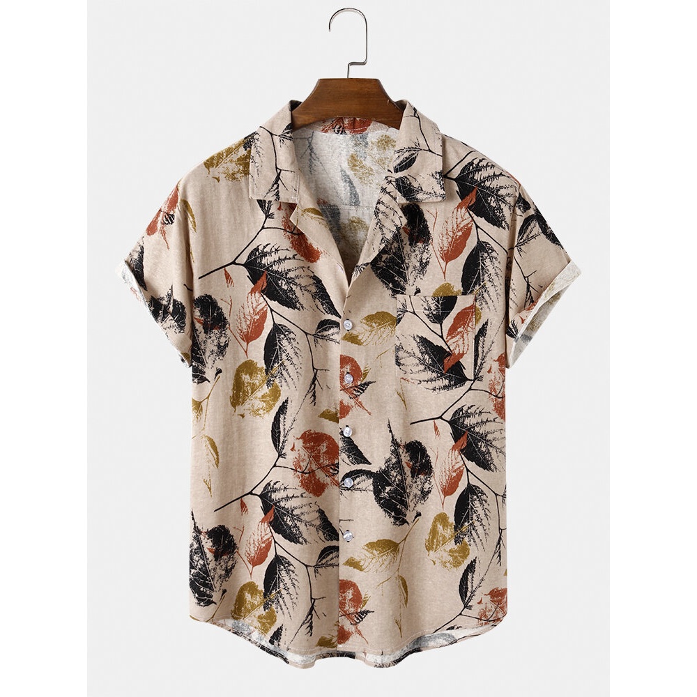 Mens Vintage Leaf Print Casual Thin & Fit Chest Pocket Short Sleeve Shirts - Green M