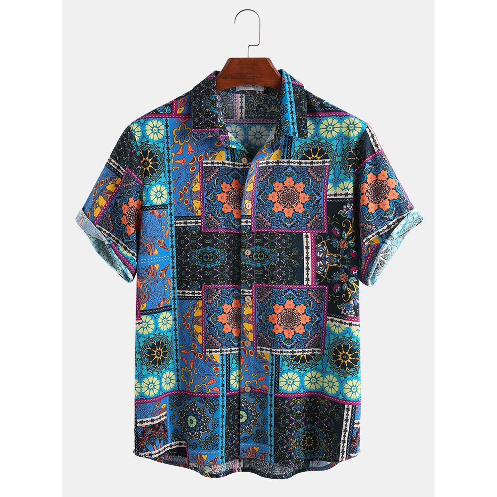 Mens Casual Ethnic Stylt Floral Printing Loose Fit Short Sleeve Leisure Shirts - Pink M