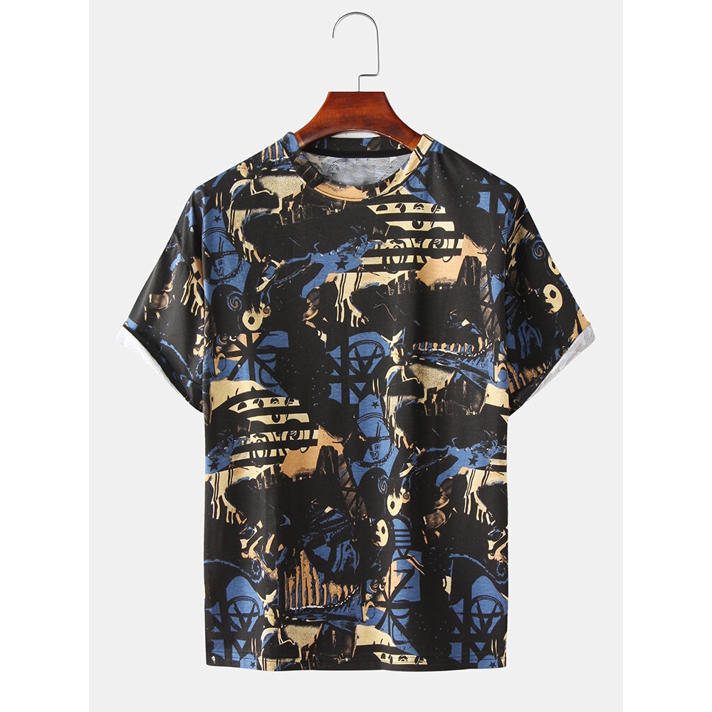 Mens Abstract Printing Crew Neck Breathable Casual T-Shirts - White M