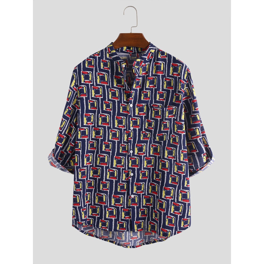 Mens Summer Plaid Printed Stand Collar Breathable Shirts - M White