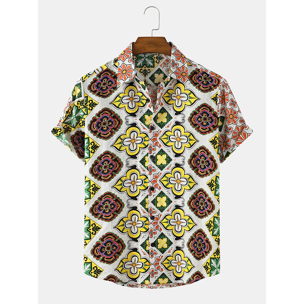 Patchwork Ethnic Style Graphics Print Lapel Collar Vintage Short Sleeve Shirts - Colorful S