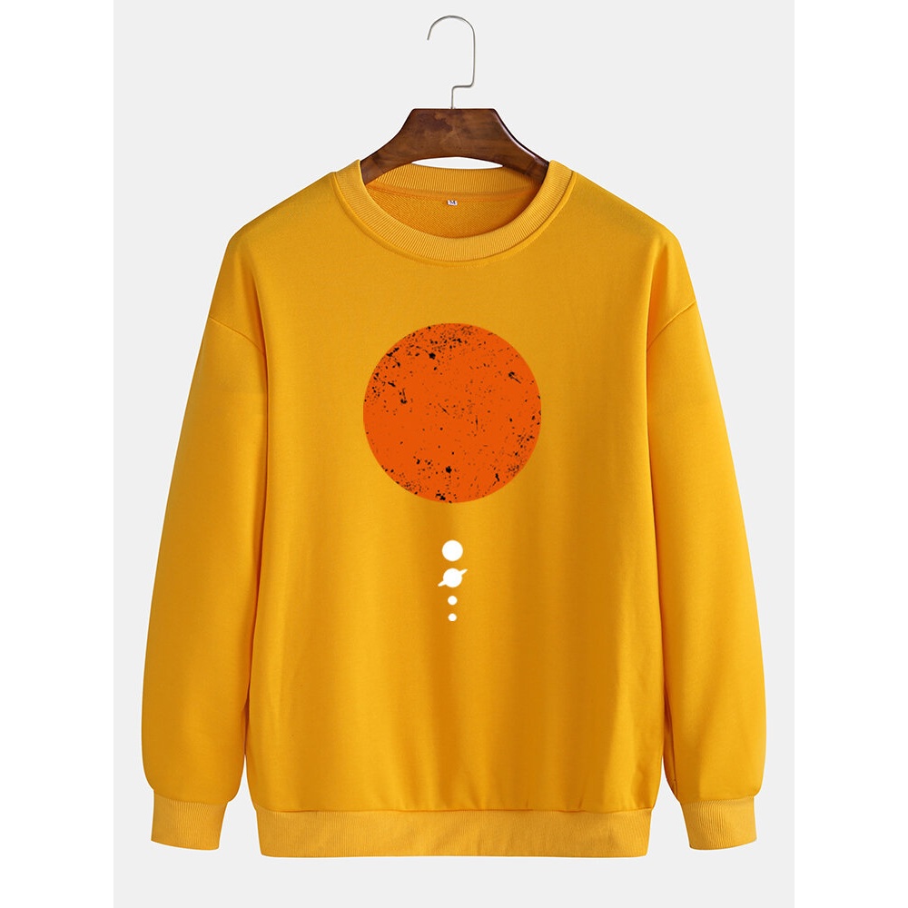 Mens Moon Print Cotton Pullover Round Neck Long Sleeve Casual Sweatshirts - Black S