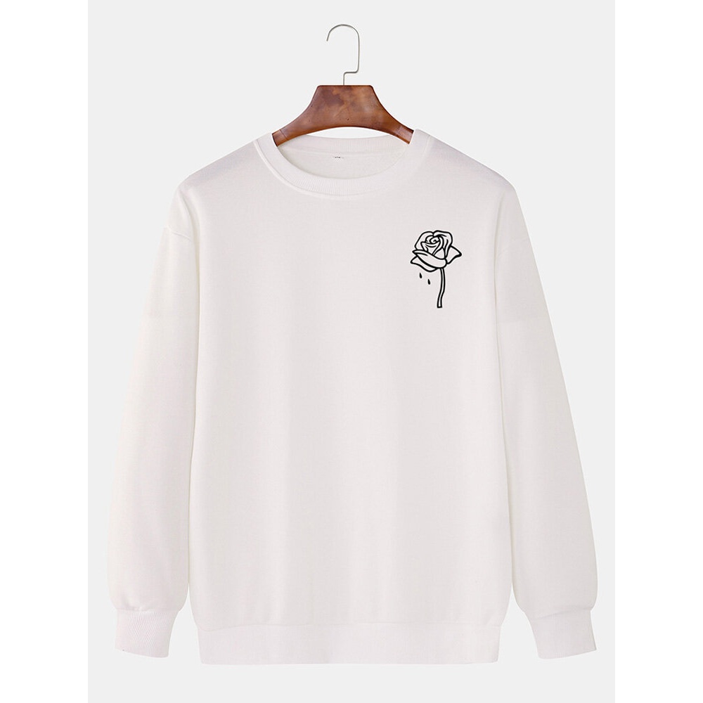 Cotton Mens Rose Print Pullover Drop Shoulder Long Sleeve Casual Sweatshirts - White S