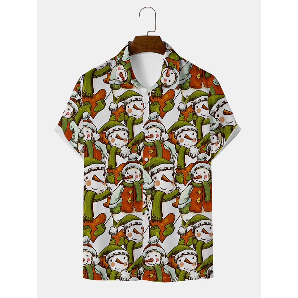 Men  Snowman Full Pattern Button Short Sleeve Shirts - White S