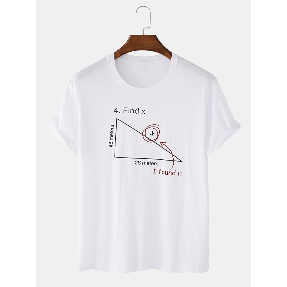 Mens 100% Cotton Mathematics Geometry Print Short Sleeve T-Shirts - White XS