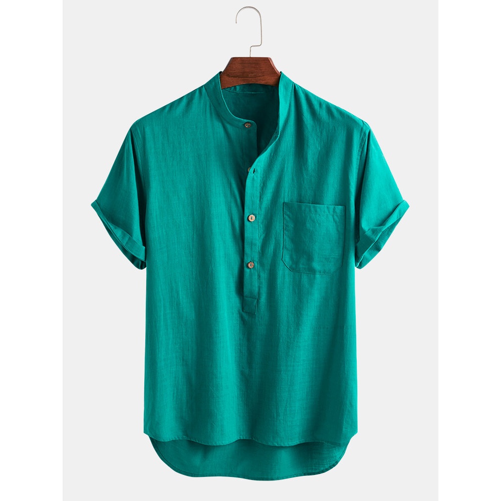 Mens 100% Cotton Breathable Stand Collar Solid Short Sleeve Henley Shirts - Yellow L