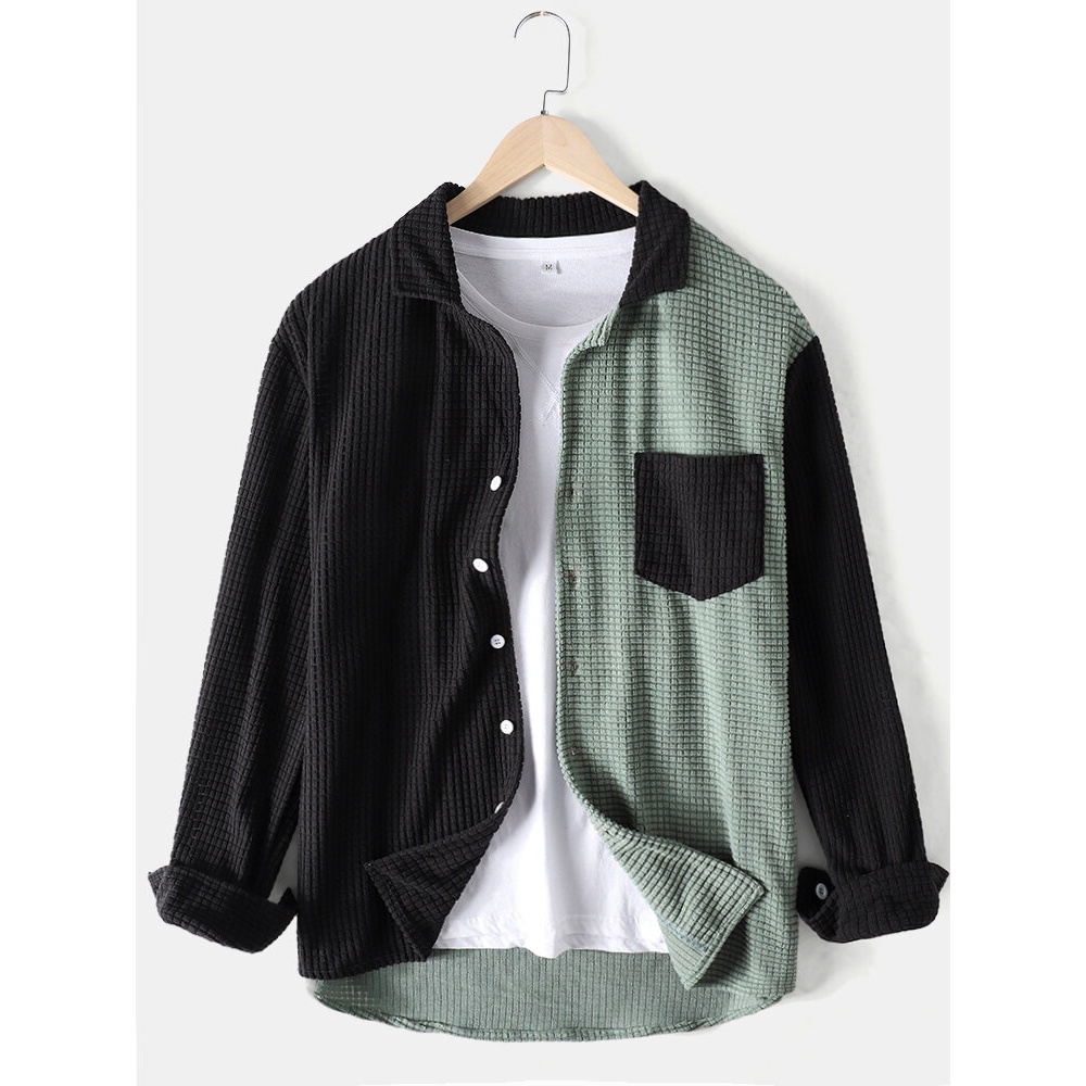 Mens Colorblock Patchwork Corduroy Lapel Long Sleeve Shirts - Green S
