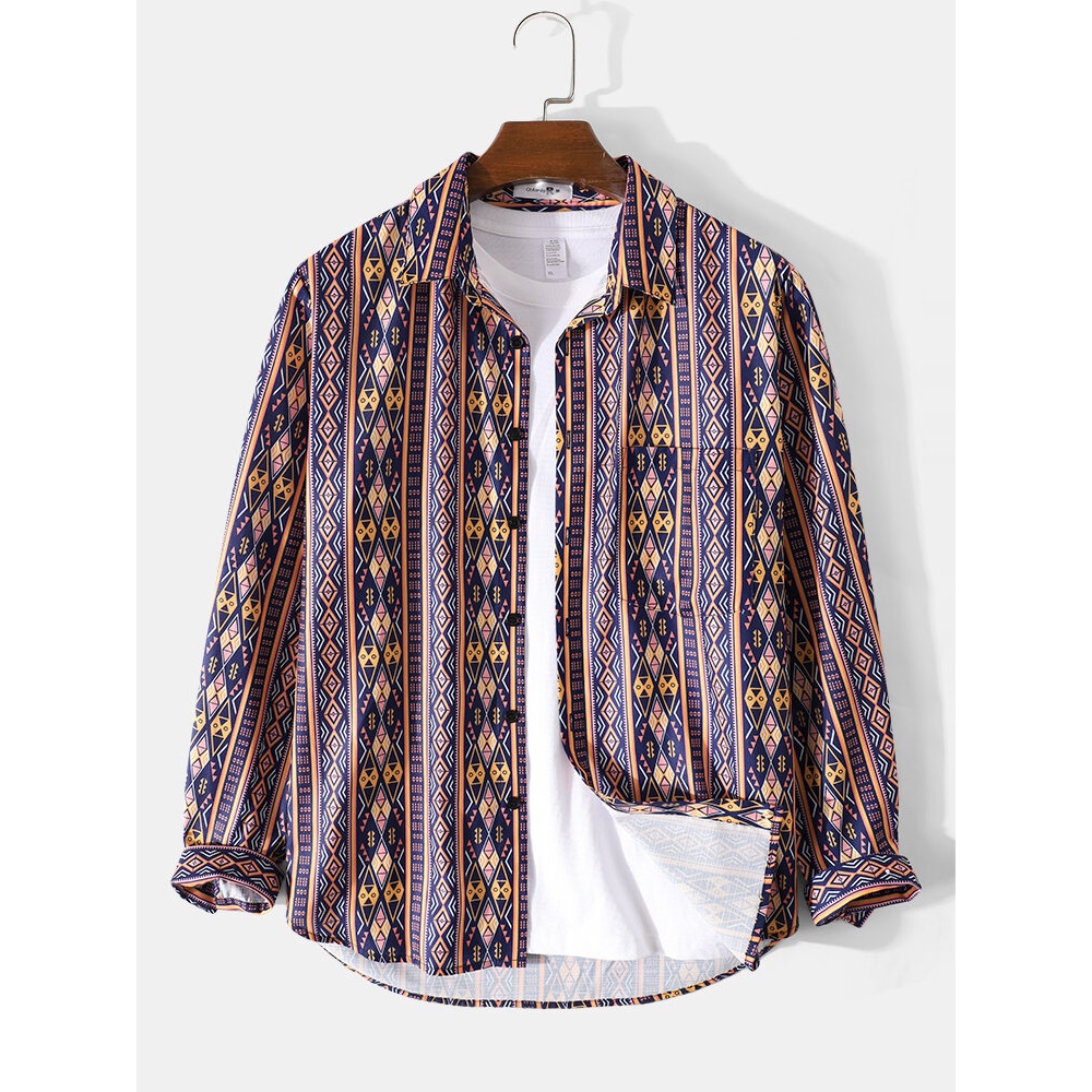 Mens Tribal Pattern Print Vintage Casual Lapel Long Sleeve Shirt - Navy S