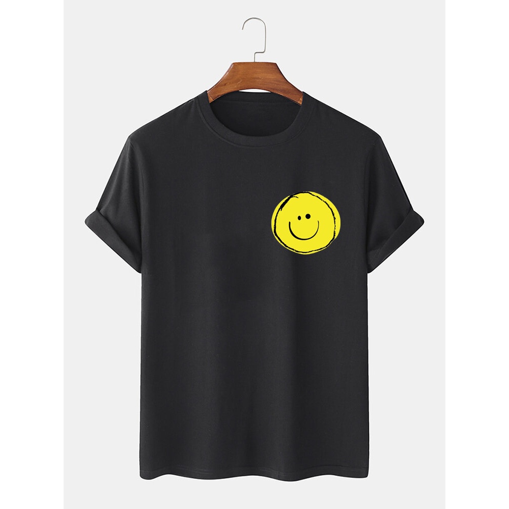 Mens 100% Cotton Smile Face Printed Round Neck Casual Short Sleeve T-Shirts - Black S