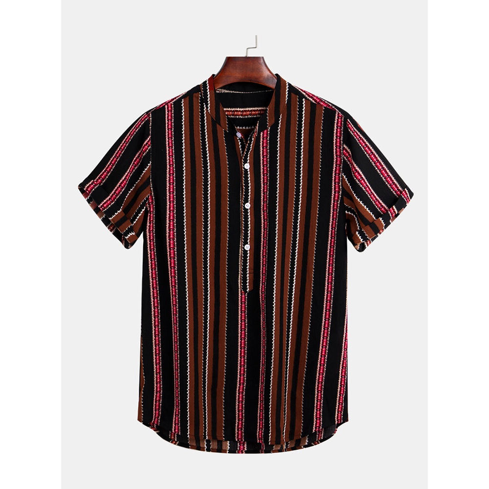 Mens Short Sleeve Summer Casual Stripes Shirts - XL Brown