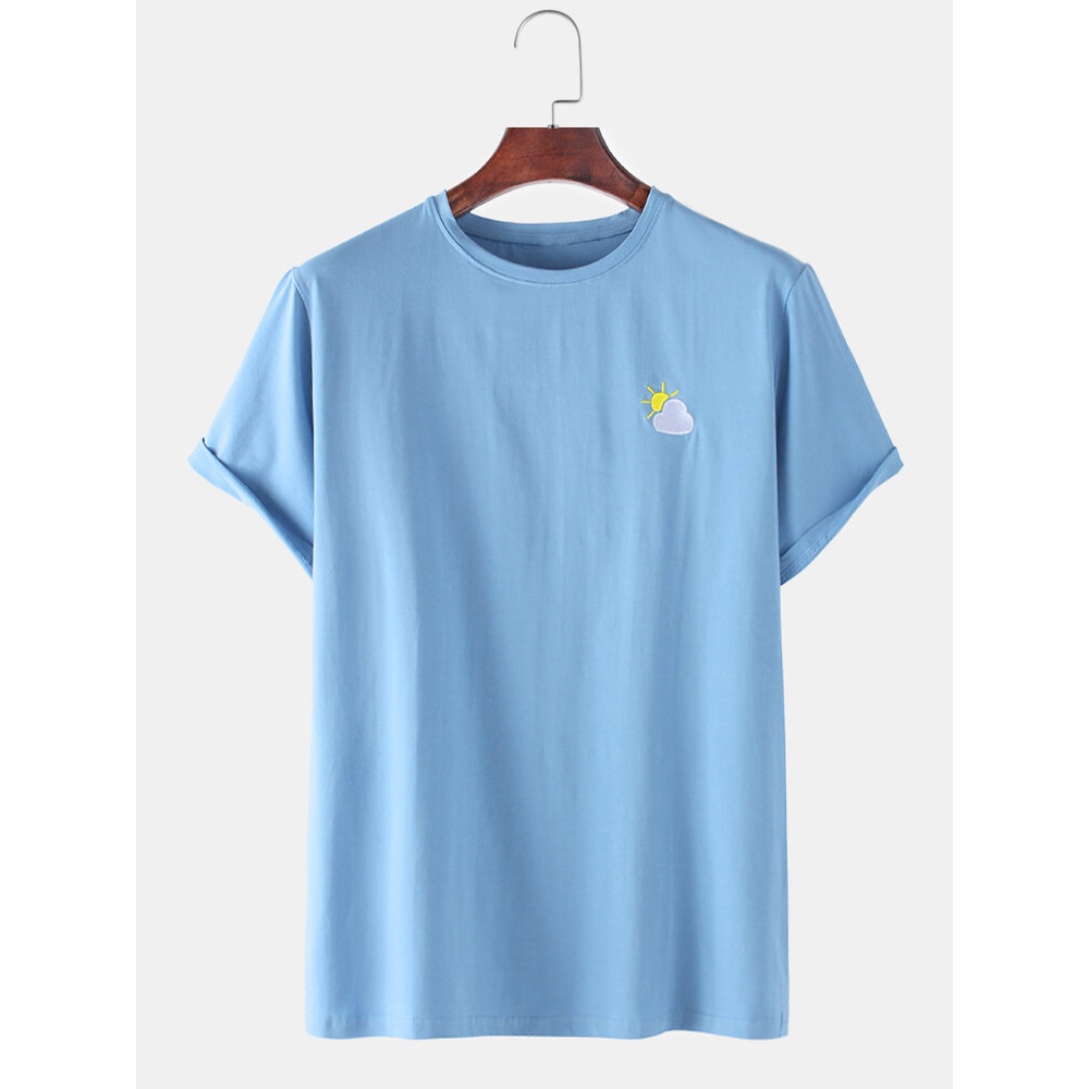Mens Solid Embroidery Crew Neck Short Sleeve T-Shirts - Sky Blue XL