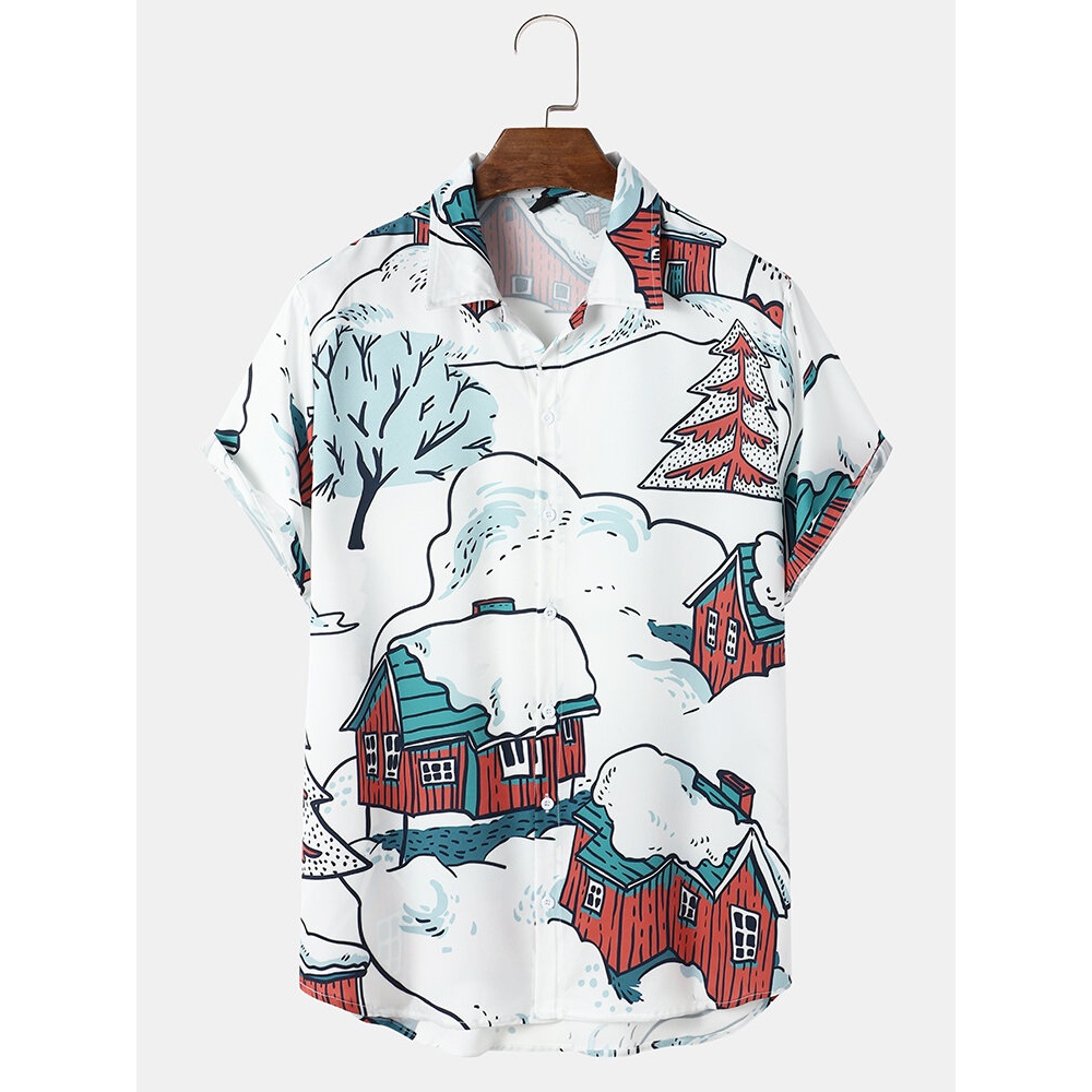 Men  Cute Pattern Snow Button Short Sleeve Casual Shirts - White M