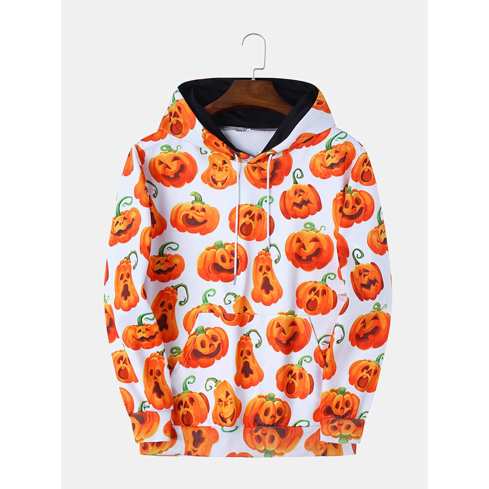 Pumpkin Monster Print Casual Insert Pocket Hooded Sweatshirt - M White