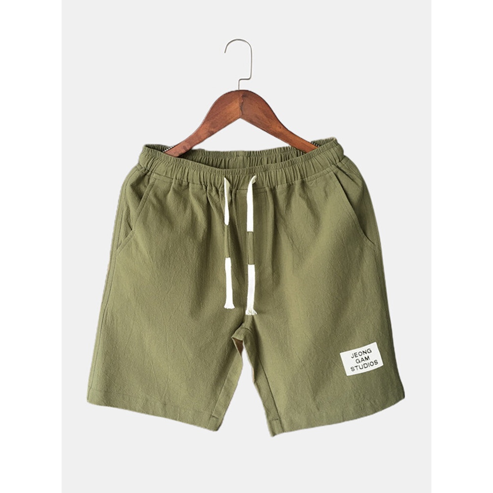 Men Cotton Solid Color Little Tag Drawstring Casual Shorts With Pocket - Black 3XL