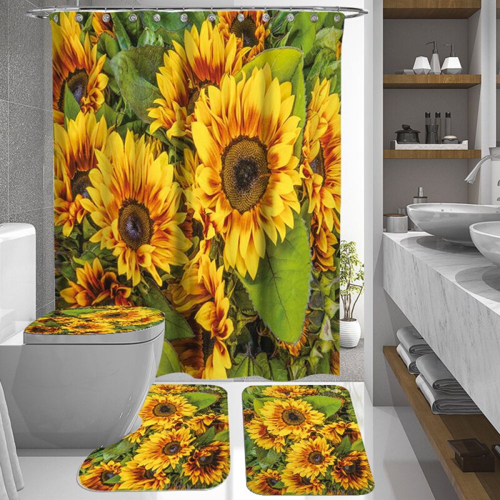 1/3/4Pcs Waterproof and Mildew proof Sunflower printed Shower Curtain Bathroom Toilet Rug Mat Set - 1*shower curtain - Image 2