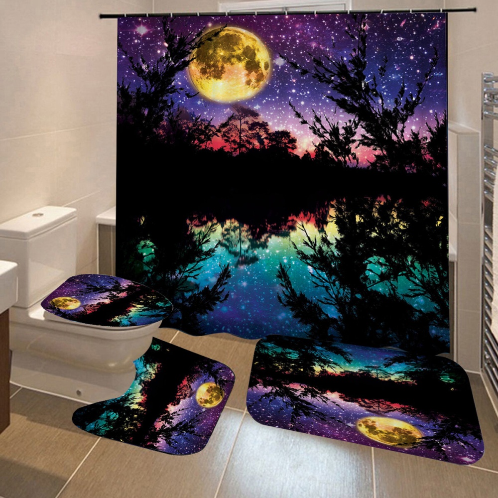 Waterproof Shower Curtain Dark Night Print Non-Slip Toilet Mat Cover Rug Set - Type C - Image 2