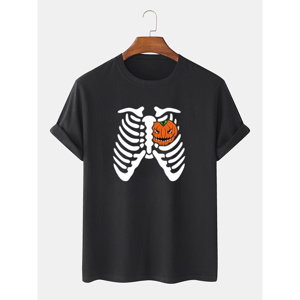 Mens  Funny Pumpkin Printed Cotton Short Sleeve T-Shirts - Black S
