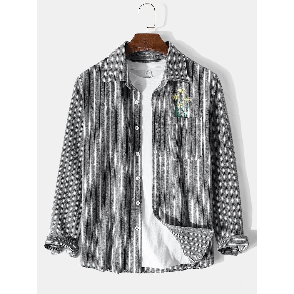 Mens Regular Striped Revere Collar Casual Long Sleeve Shirts - Black S