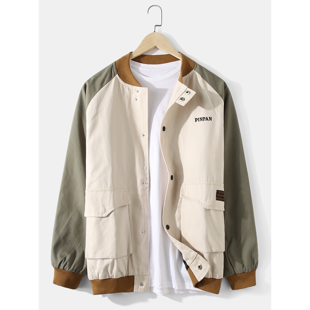 Mens Contrast Patchwork Applique Cotton Baseball Collar Casual Jackets With Snap-Button - Apricot S