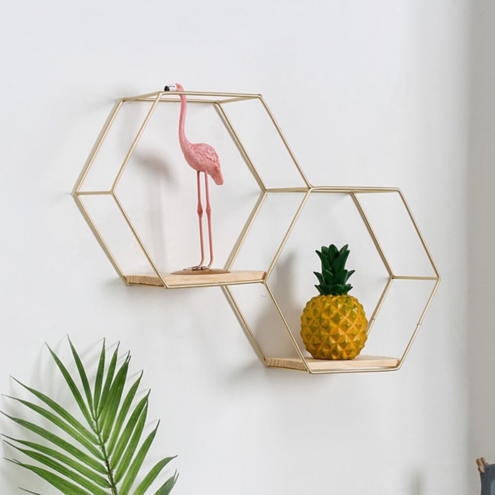 Hexagon Wall Mounted Shelf Nordic Storage Rack Bookshelf Decorations Display Stand Organizer for Office Home Living Room Bathroom Furniture - Gold - Image 2