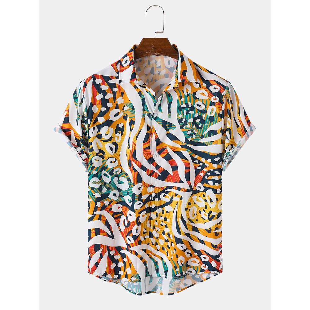 Mens Colorful Leopard Short Sleeve Casual Shirts - White M