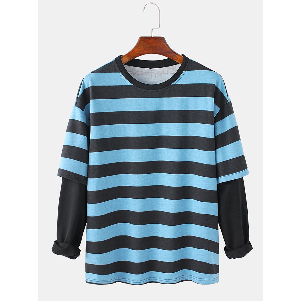 Mens Cotton Horizontal Stripes Patchwork Doctor Sleeves Crew Neck Pullover Sweatshirts - Red L