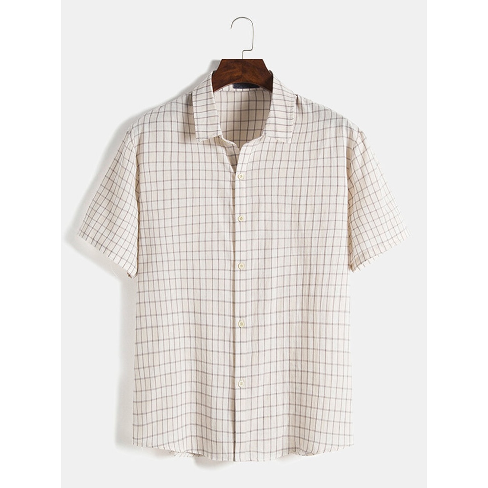 Mens Plaid Print Turn Down Collar Short Sleeve Shirts - Khaki S