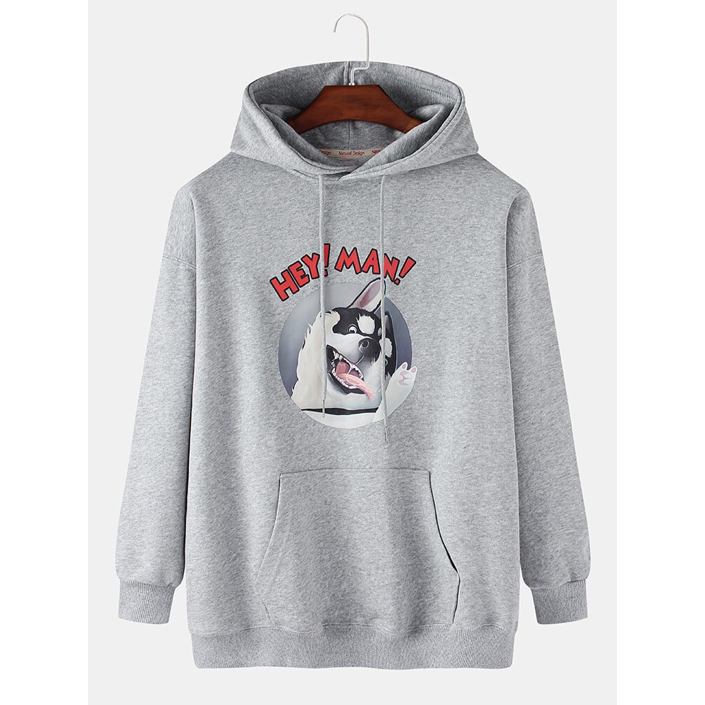 Cotton Cute Cartoon Dog Pattern Letter Print Pocket Drop Shoulder Drawstring Hoodies For Men - Yellow S