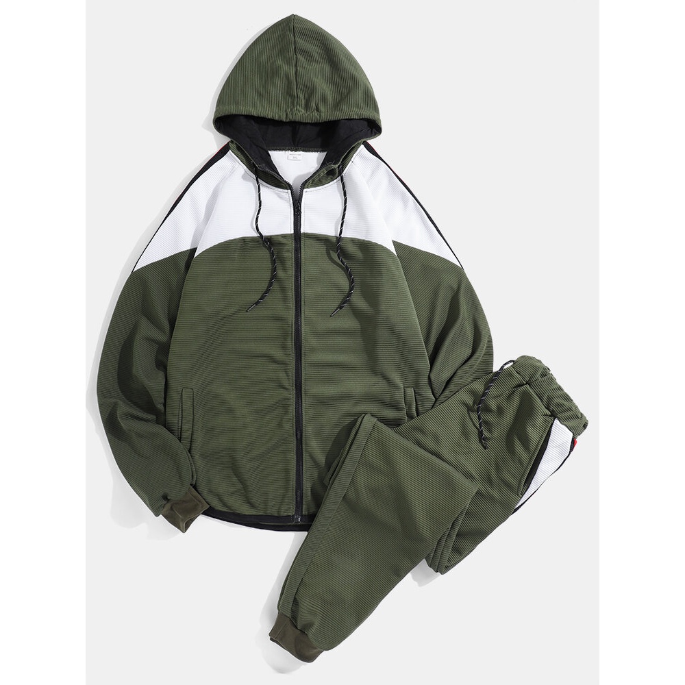 Mens Patchwork Side Ribbon Cotton Hooded Sweatshirt With Sweatpants Two Pieces Outfits - Army Green XL