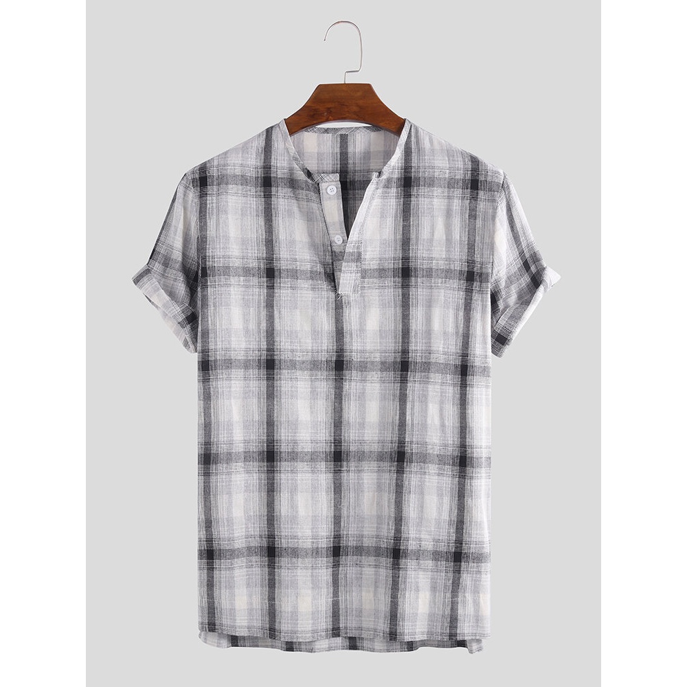 Mens Vintage 100% Cotton Plaid Stand Collar Casual Shirts - M Black