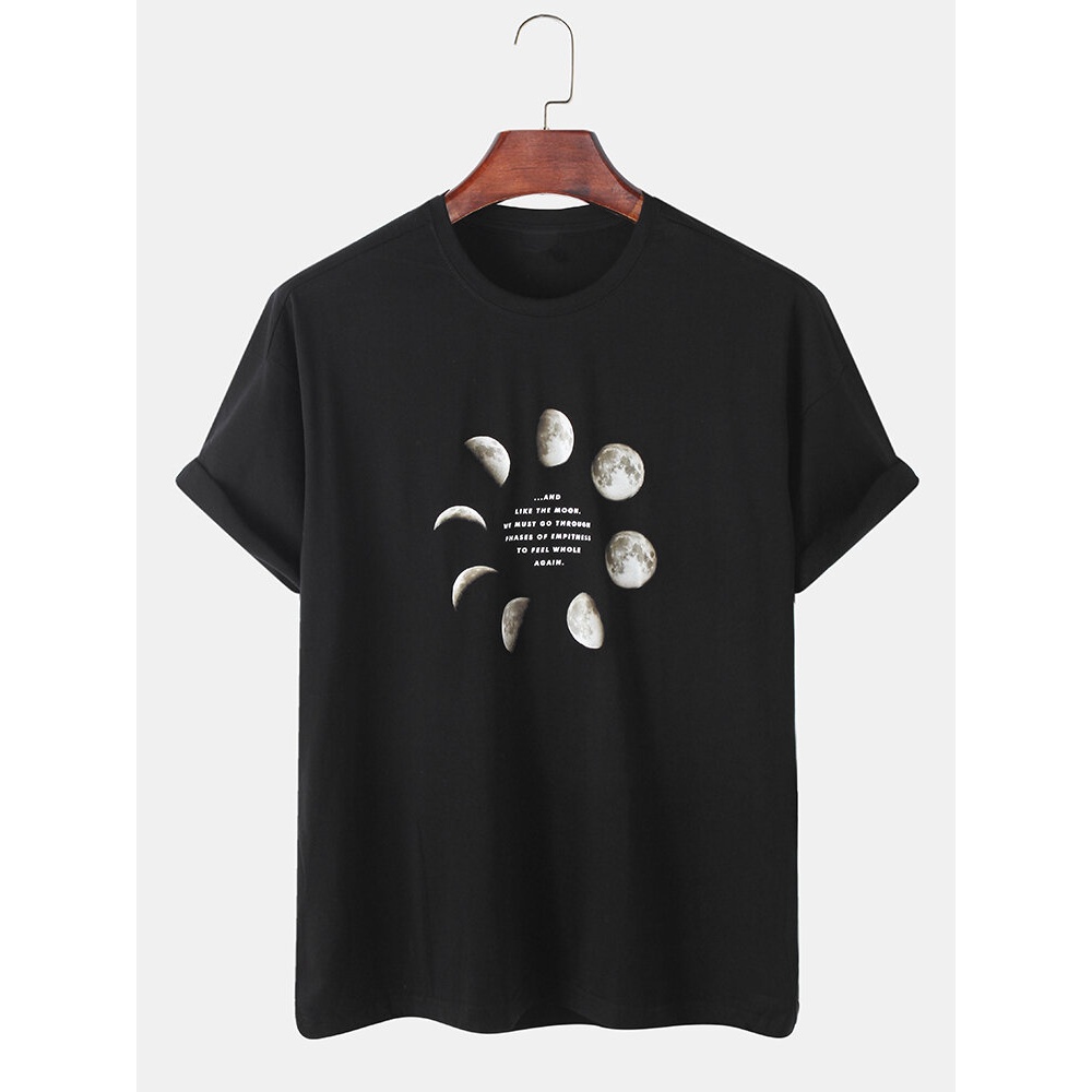 Cotton Lunar Eclipse Print Round Neck Short Sleeve Loose T-Shirts - Black L