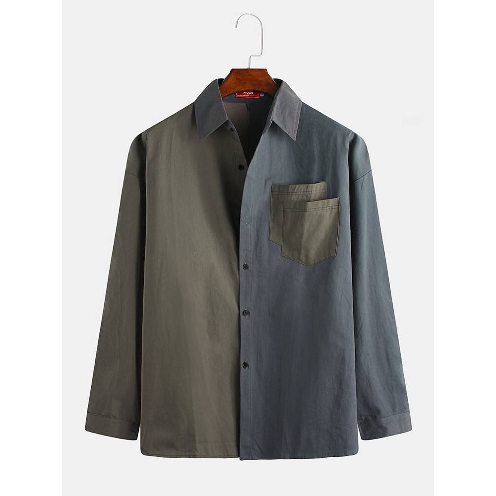 Mens Patchwork 100% Cotton Double Pockets Long Sleeve Shirts - M Green Yellow