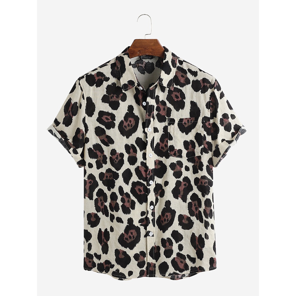 Leopard Print Cotton Breathable Short Sleeve Casual Holiday Shirts - XL White