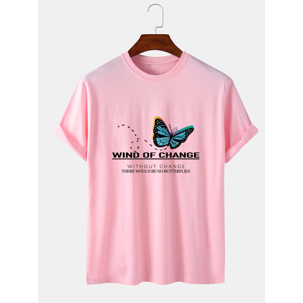 Mens 100% Cotton Butterfly & Letter Pattern Short Sleeve T-Shirts - Light Blue L