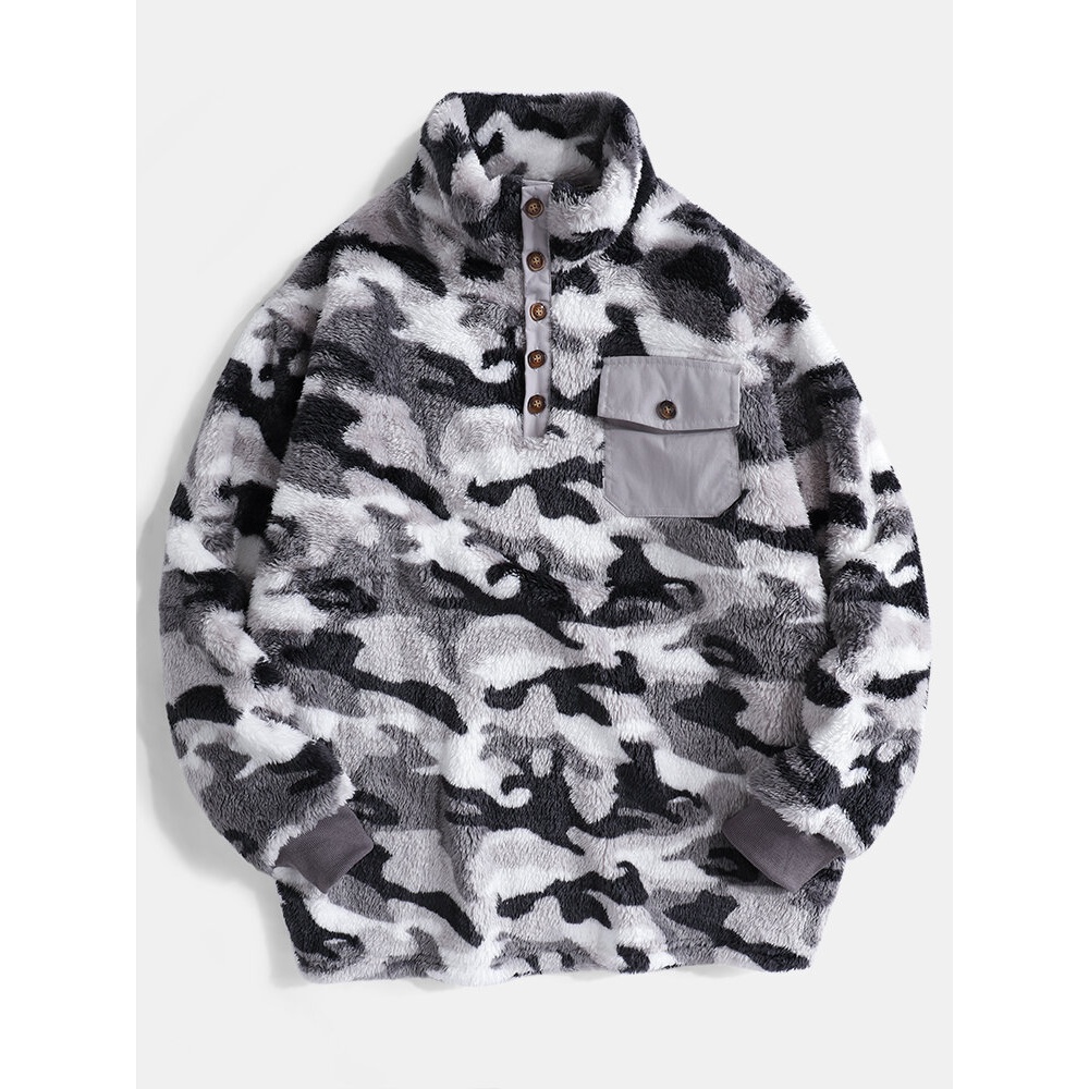 Mens Camo Half Button Stand Collar Fluffy Plush Warm Pullover Sweatshirts - Green S