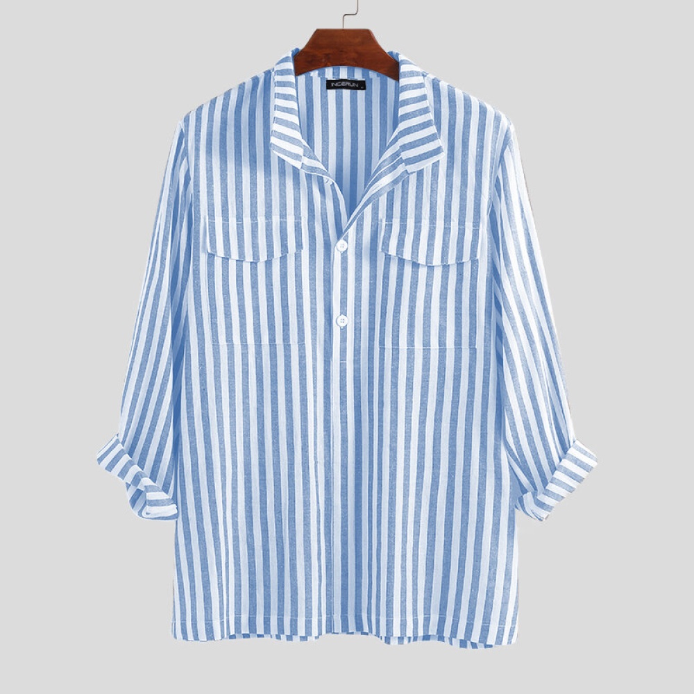 Men Vertical Stripe Dual Pockets Long Sleeve Shirts - S Coffee