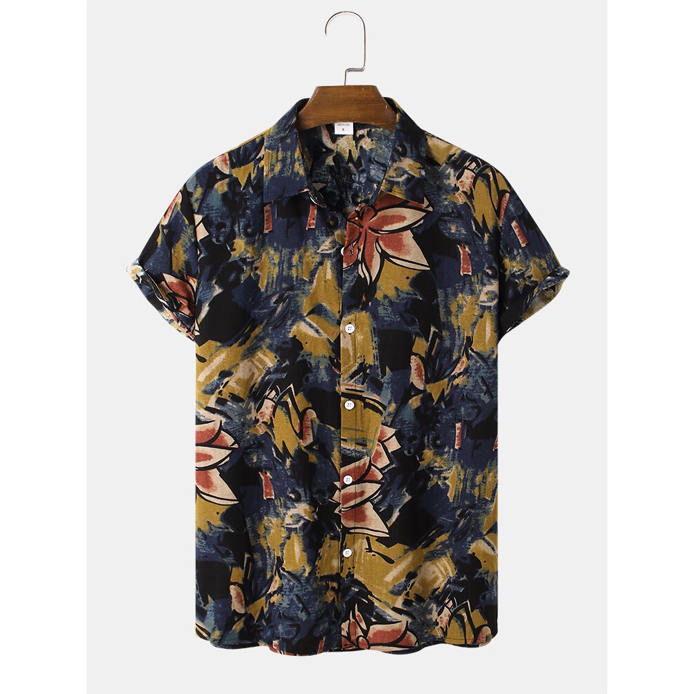 Mens Flower Print Vintage Abstract Print Lapel Short Sleeve Shirt - Dark Blue L