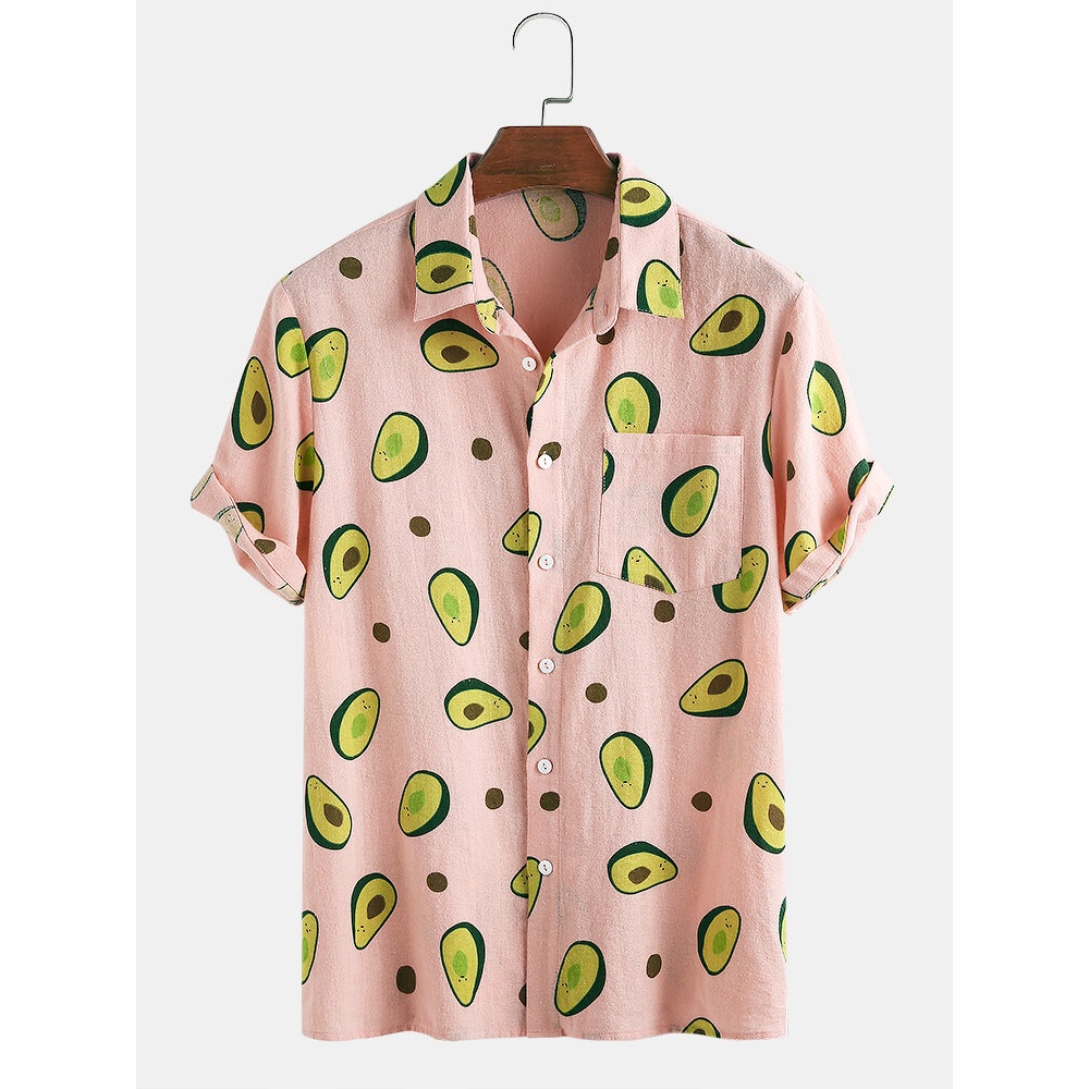 Mens Fashion Avocado Printing Breathable Short Sleeve Casual Shirts - Yellow 3XL