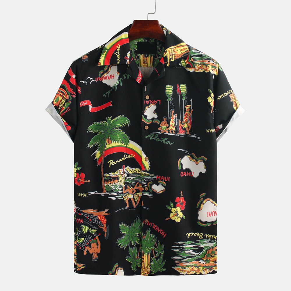 Men Creative Island Character Printed Short Sleeve Shirts - M Black