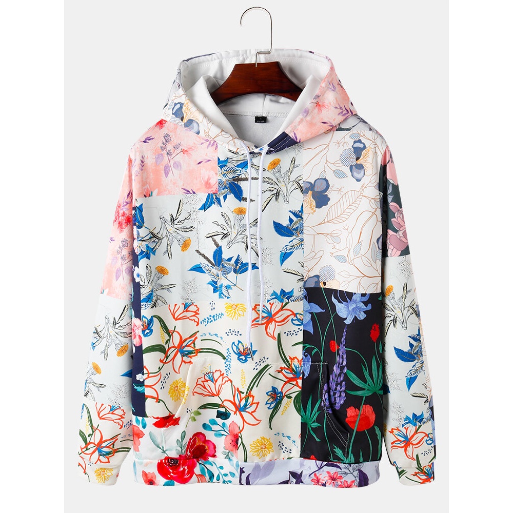 Mens Colorblock Floral Print Kangaroo Pocket Drawsrting Hoodies - White M