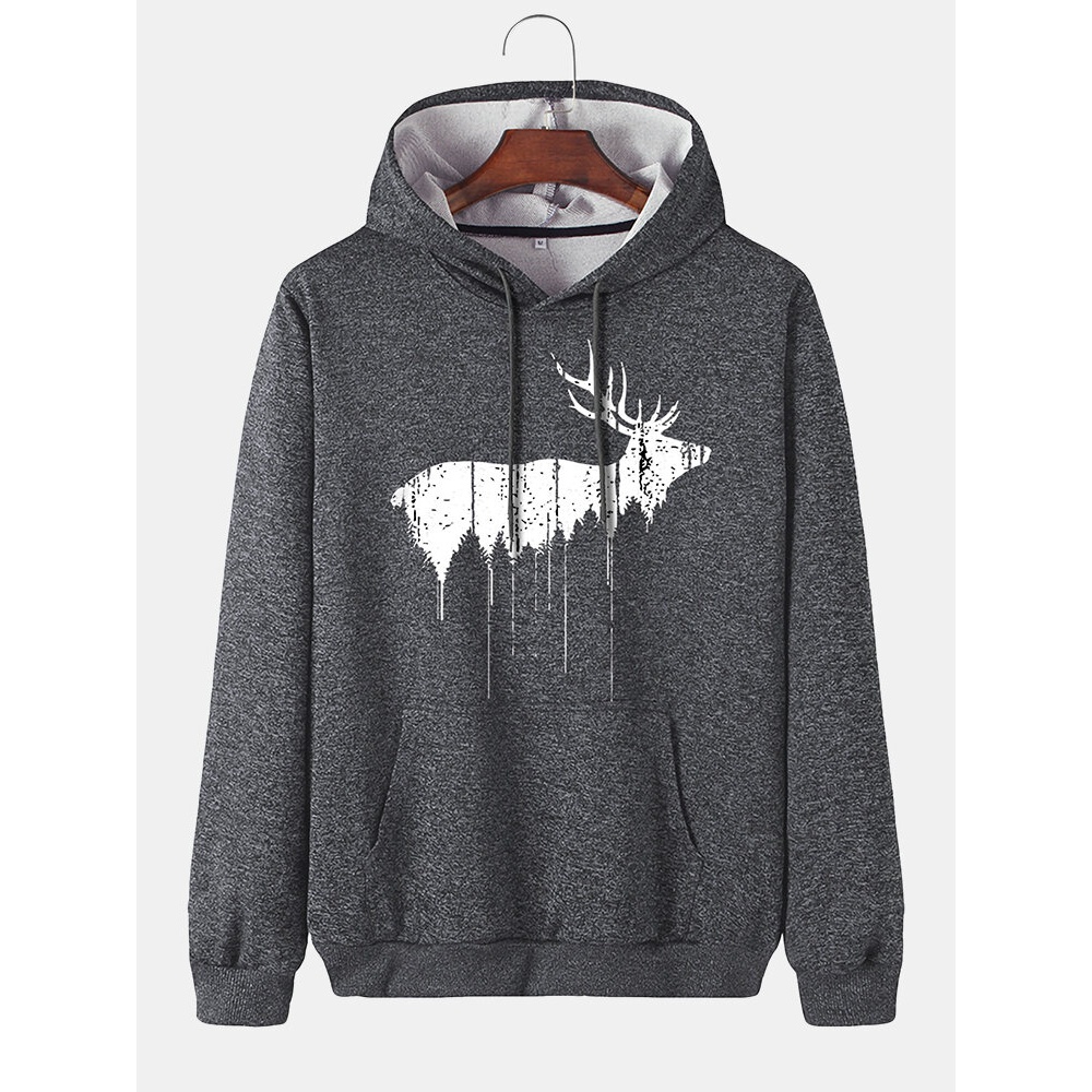 Mens Design Reindeer Print Drawstring Hoodies With Pocket - Grey S