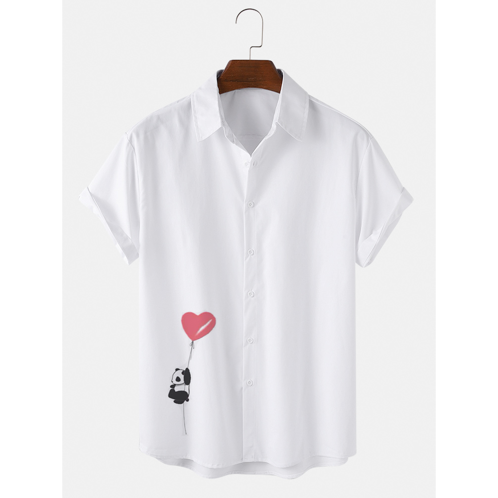 Mens Cartoon Panda Balloon Print Lapel Cotton Casual Short Sleeve Shirts - White M