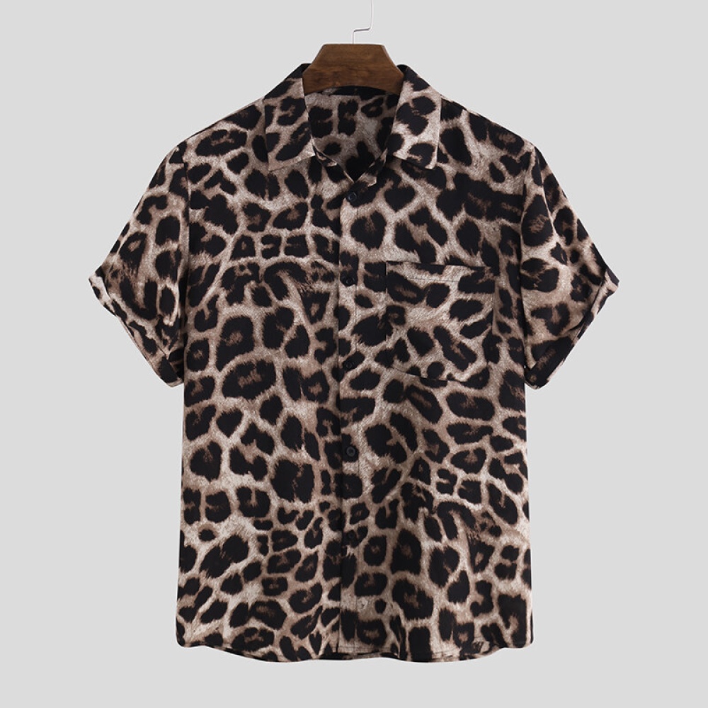 OUTDOOR Summer Leopard Print Shirts Fashion Men Short Sleeve Lapel Shirt Casual Floral Blouse Men Hawaiian Beach Tops - S - Image 2